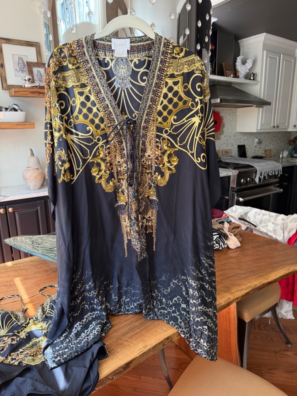 Camilla Black and Gold Silk Embellished Swim Coverup - Picture 2 of 16